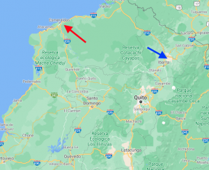 La province d'Esmeraldas (rouge) et la vallée de Chota (bleu), deux régions concentrant les plus grandes communautés afro-descendantes d'Équateur