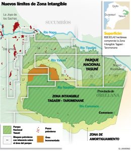 Les zones d'exploitation pétrolière et la zone intouchable d'Amazonie, mise à mal par le gouvernement actuel . Crédit: Eluniverso