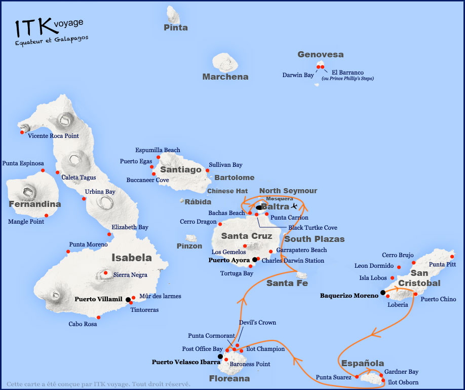 Croisière Galapagos Odyssey, itinéraire 6 jours A